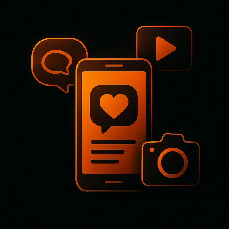 Smartphone mit Herzsymbol, Kamera, Video und Sprechblase