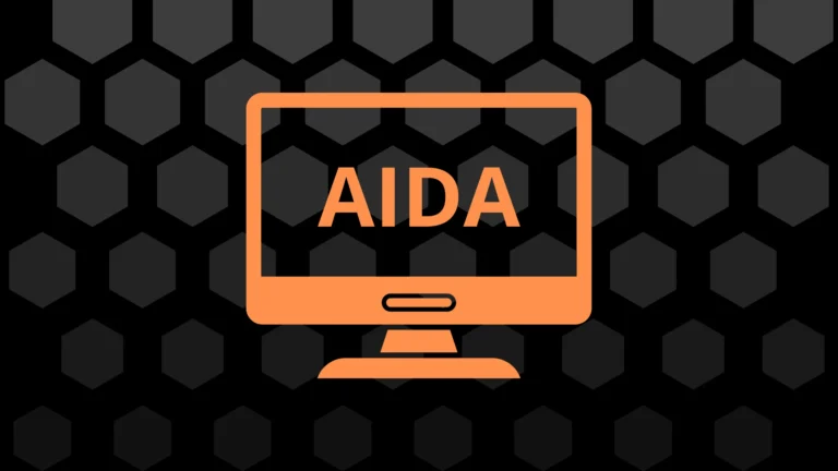 Orangefarbener Monitor mit der Aufschrift AIDA vor einem Wabenmuster