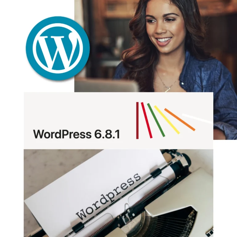 Collage mit WordPress-Logo, der Versionsnummer 6.8.1 und einer Schreibmaschine