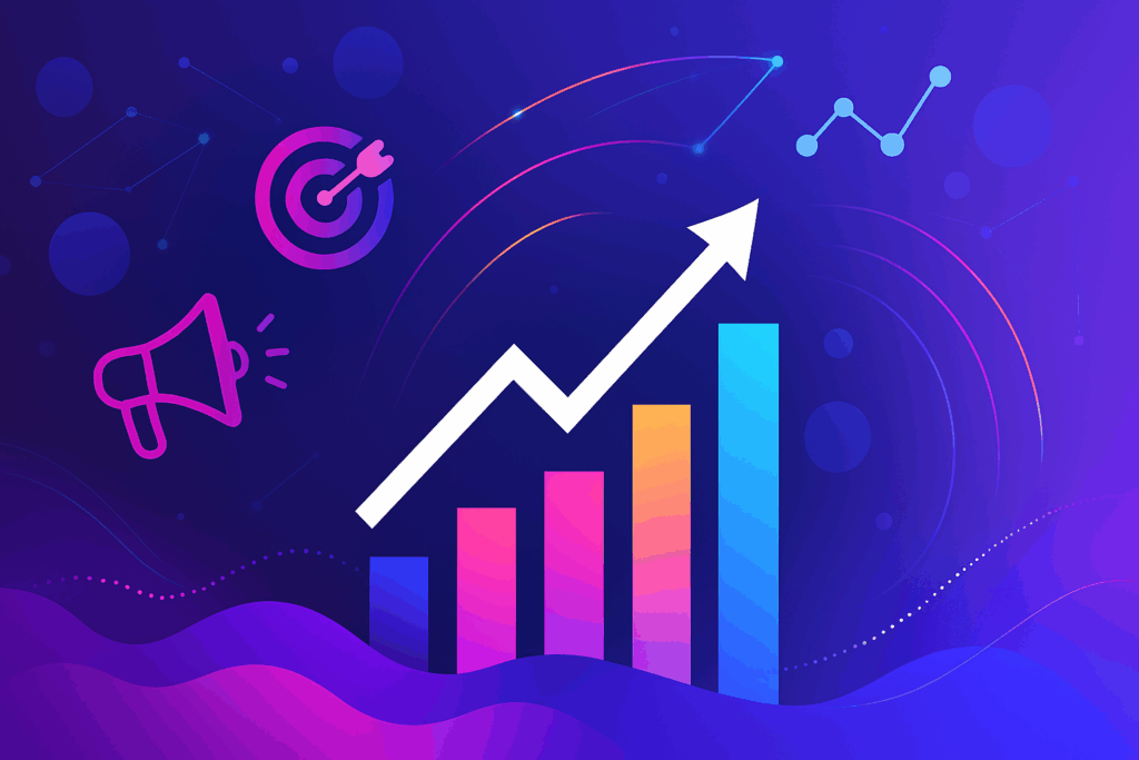 Abstrakte Illustration zum digitalen Marketing und Wachstum mit Balkendiagramm und Aufwärtspfeil