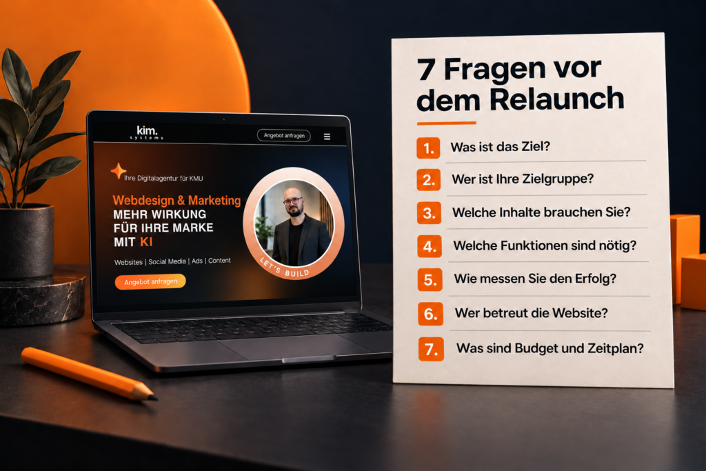 KIM-Systems-Website auf einem Laptop neben einer Checkliste mit sieben Fragen zum Website-Relaunch.