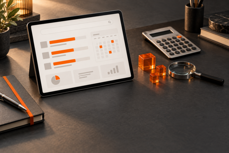 Tablet mit abstrakter Kampagnenübersicht, Taschenrechner und orangefarbenen Budgetblöcken auf einem Schreibtisch.