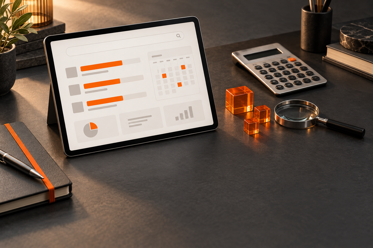 Tablet mit abstrakter Kampagnenübersicht, Taschenrechner und orangefarbenen Budgetblöcken auf einem Schreibtisch.