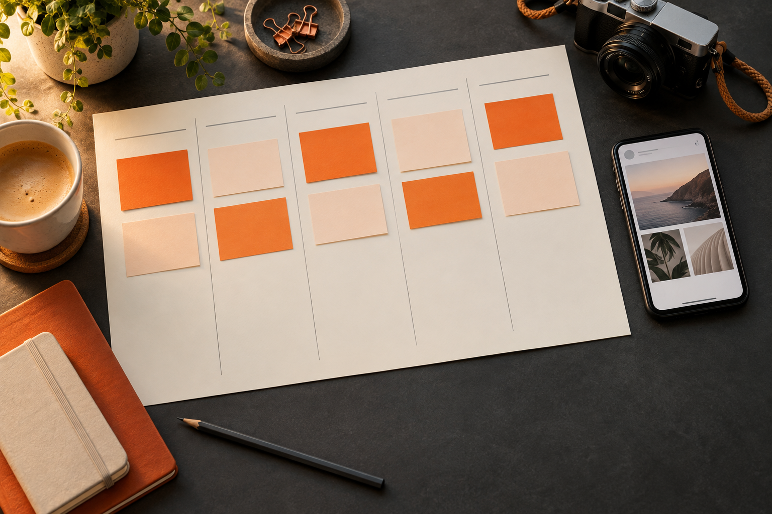 Redaktionskalender mit orangefarbenen Notizzetteln neben Smartphone und Kamera auf einem dunklen Tisch.