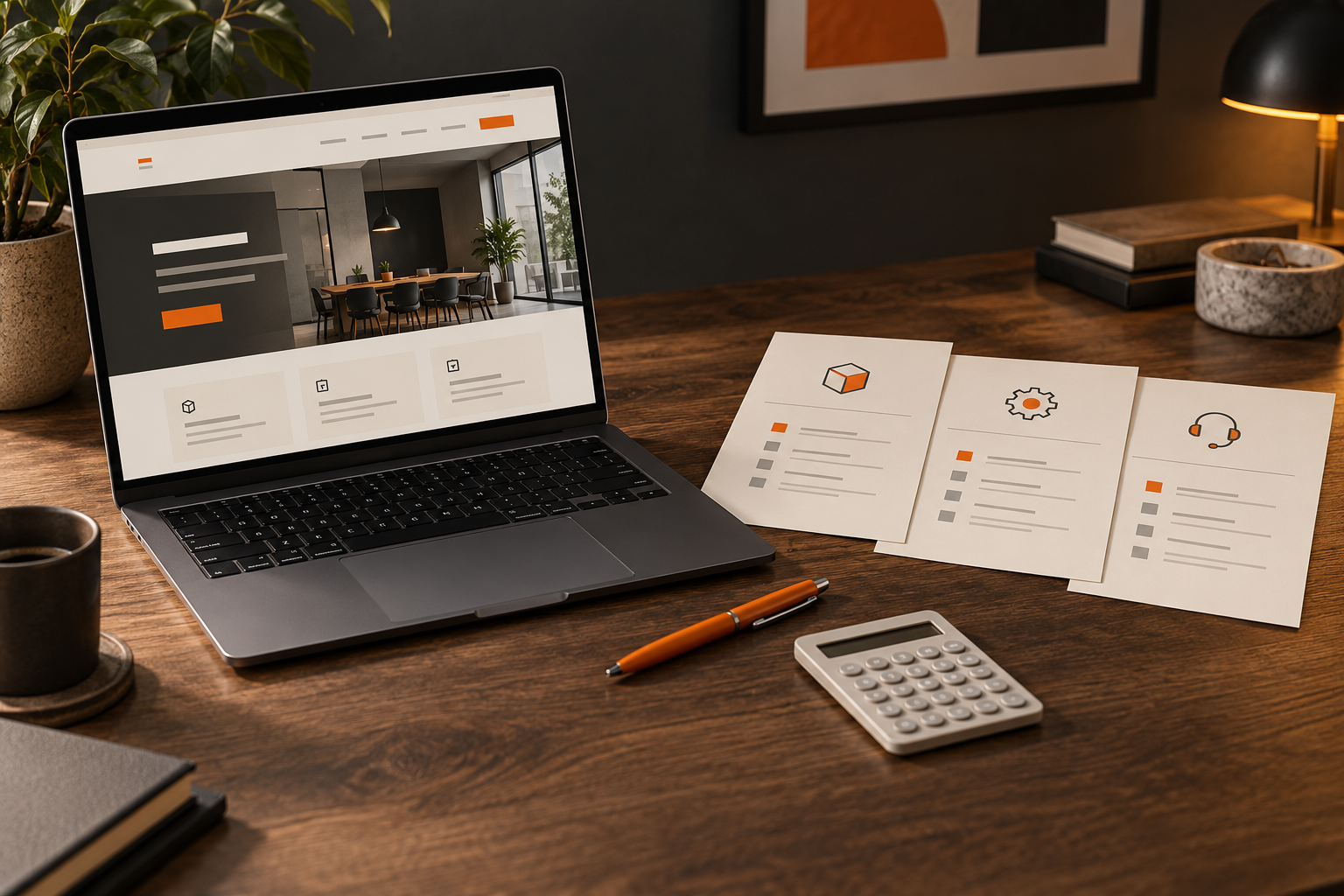 Laptop mit Website-Entwurf neben drei Angebotsblättern und einem Taschenrechner auf einem dunklen Schreibtisch.