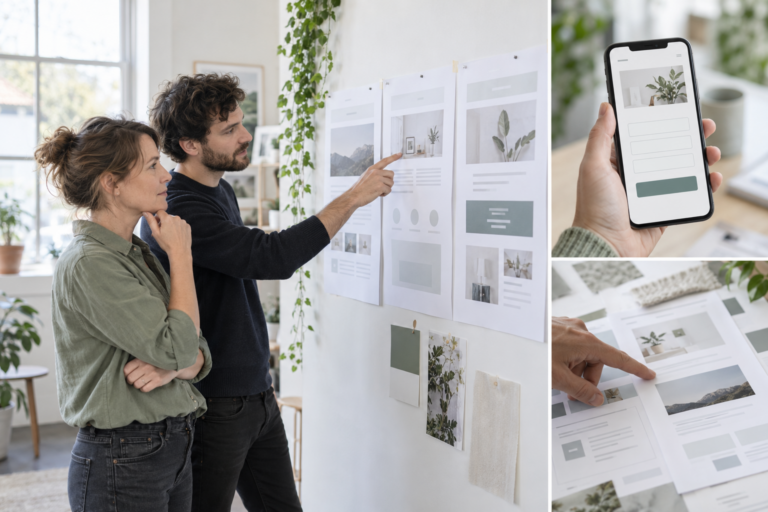Fotocollage mit zwei Personen vor Website-Entwürfen, einem Smartphone mit Anfrageformular und gedruckten Seitenlayouts.