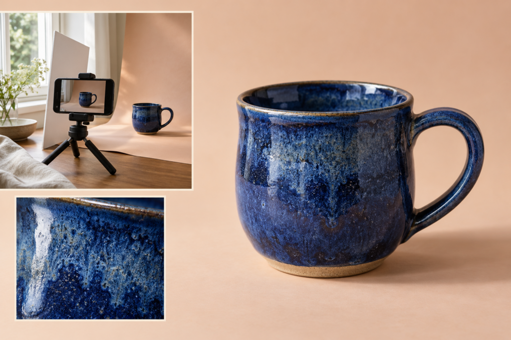 Fotocollage einer blauen Keramiktasse mit Smartphone auf einem Stativ am Fenster und einer Nahaufnahme der Glasur.