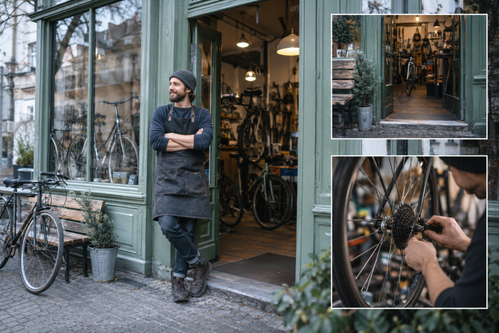 Fotocollage einer Fahrradwerkstatt mit Inhaber am Eingang, Außenansicht und Detail einer Fahrradreparatur.
