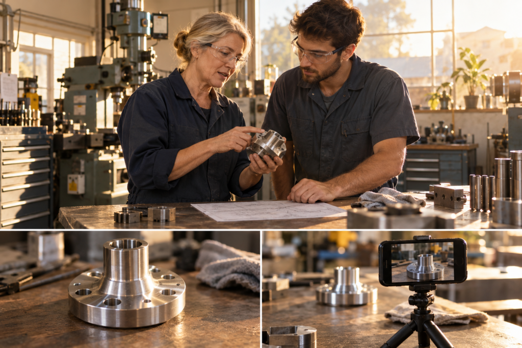 Zwei Fachkräfte besprechen ein Metallbauteil; Detailaufnahmen zeigen das Bauteil und ein Smartphone bei der Aufnahme.