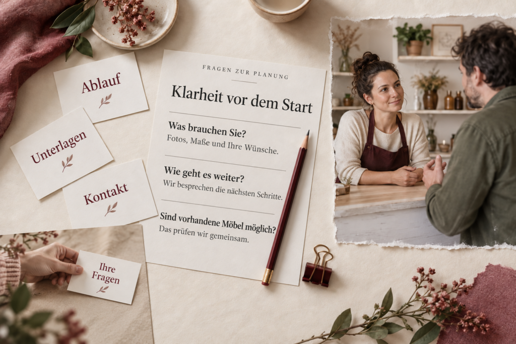 Fotocollage mit konkreten Fragen und Antworten zur Planung, Themenkarten und einem Beratungsgespräch.