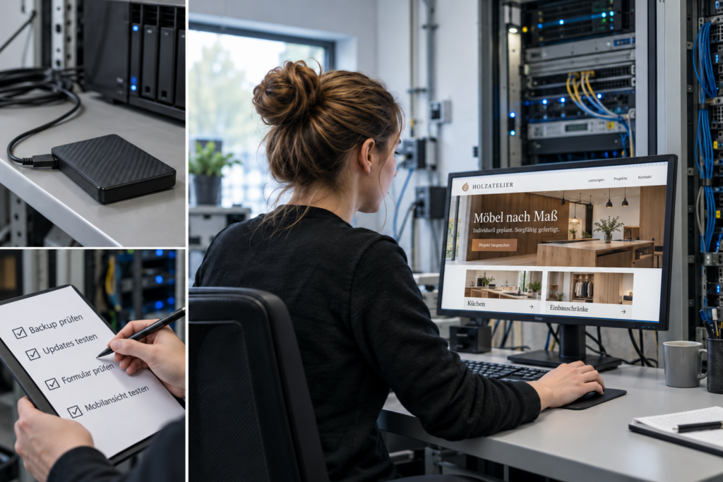 Technikerin prüft einen ausgearbeiteten Möbel-Website-Mockup; Details zeigen Backup-Laufwerk und Wartungscheckliste.