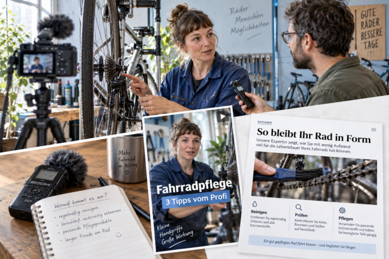 Fotocollage eines Interviews in einer Fahrradwerkstatt mit daraus gestalteter Videotitelkarte und ausgearbeitetem Pflege-Ratgeber.