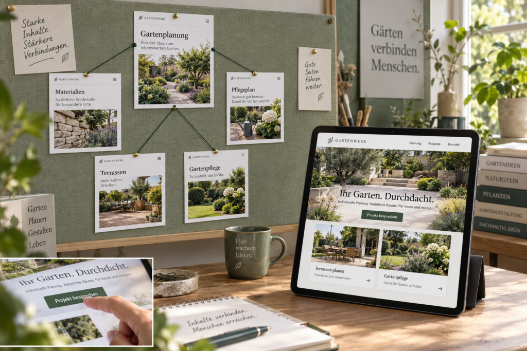 Fotocollage mit verbundenen Gartenbau-Seiten an einer Pinnwand und einer ausgearbeiteten Website auf einem Tablet.