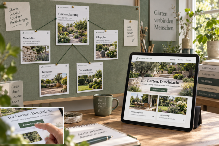 Fotocollage mit verbundenen Gartenbau-Seiten an einer Pinnwand und einer ausgearbeiteten Website auf einem Tablet.