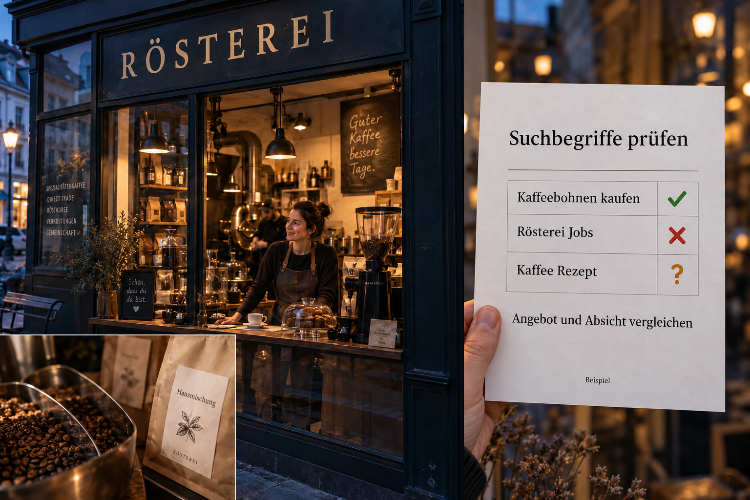 Fotocollage einer Rösterei mit einem ausgefüllten Prüfblatt für passende, unpassende und noch zu bewertende Suchbegriffe.
