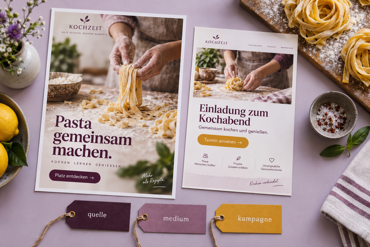 Fotocollage mit fertig gestalteter Pasta-Workshop-Anzeige, passendem Newsletter und den Begriffen Quelle, Medium und Kampagne.