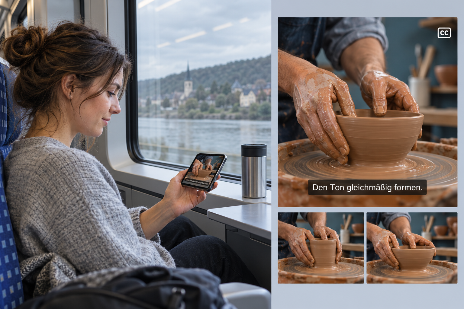 Fotocollage einer Zugreisenden mit Smartphone und einer vergrößerten Töpferei-Videoszene mit gut lesbarem deutschem Untertitel.