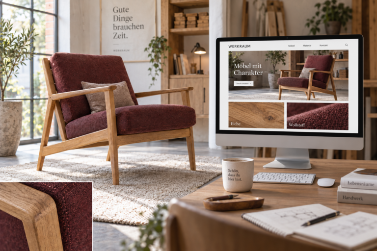 Fotocollage eines Sessels im Atelier mit Materialdetail und fertig gestalteter Möbelwebsite auf einem Monitor.