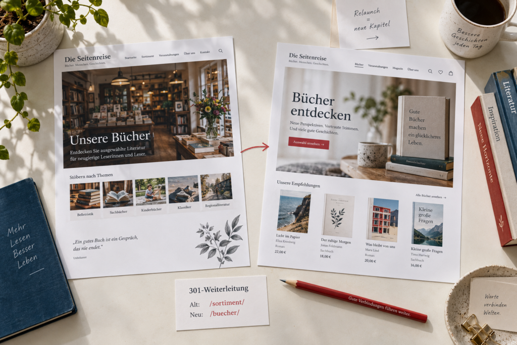 Fotocollage mit zwei gestalteten Buchhandlungs-Webseiten und einem Blatt zur Zuordnung alter und neuer URLs.