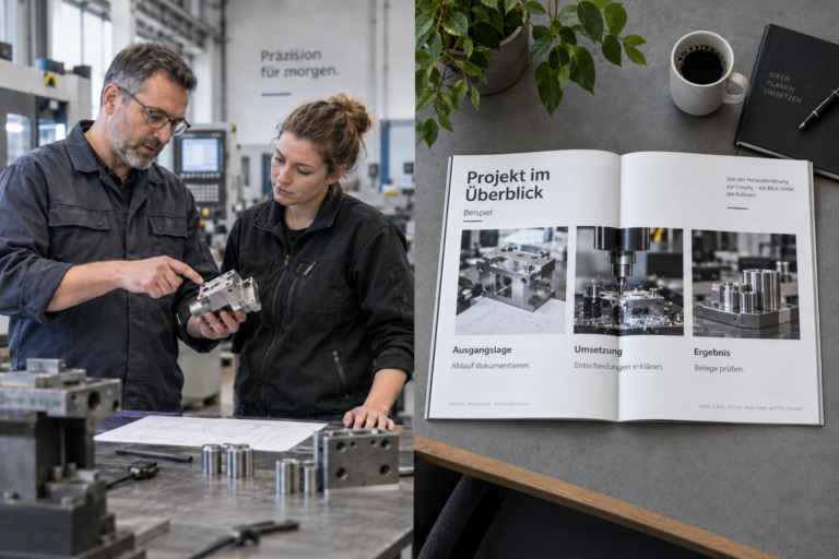 Fotocollage aus einem Metallbetrieb und einer gestalteten Beispiel-Fallstudie mit Ausgangslage, Umsetzung und Ergebnis.