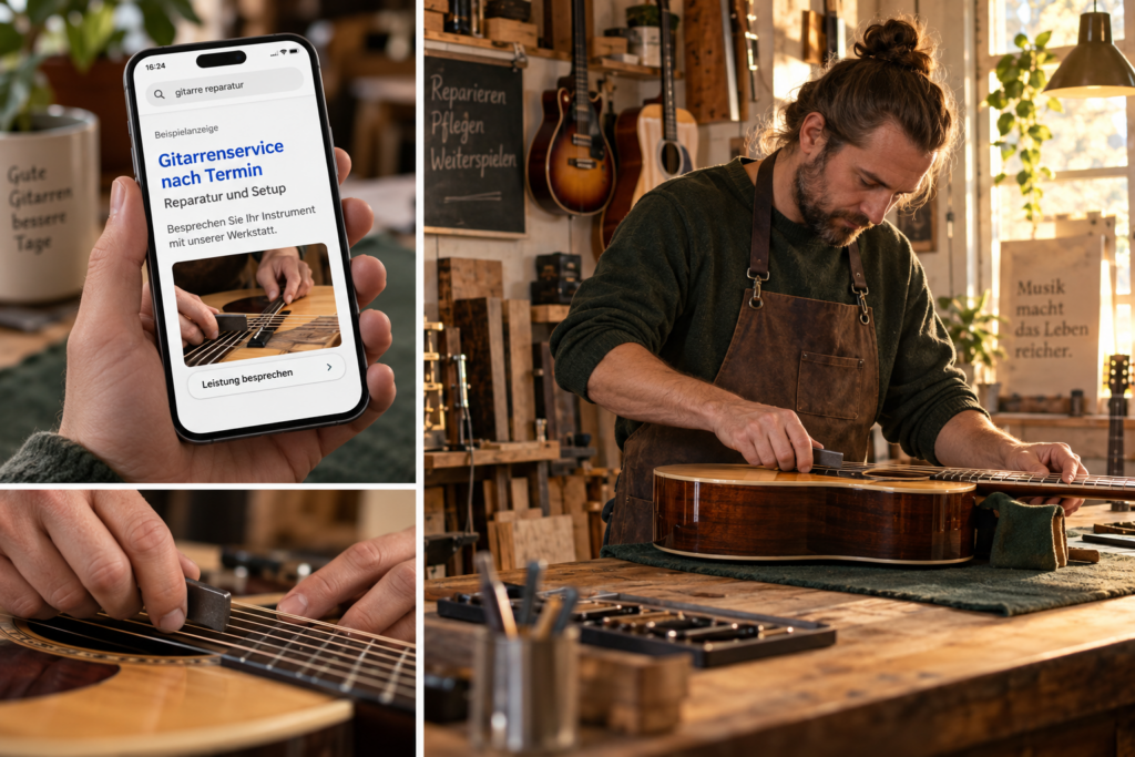 Fotocollage einer Gitarrenwerkstatt mit Smartphone-Vorschau einer klar beschrifteten Beispielanzeige für Gitarrenservice.