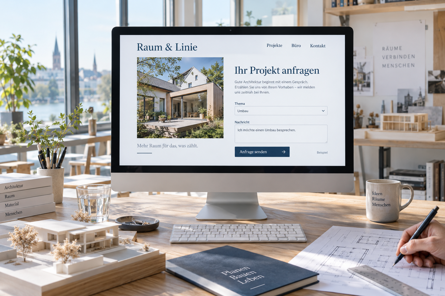 Monitor mit ausgefülltem Kontaktformular einer fiktiven Architektur-Website in einem hellen Büro.