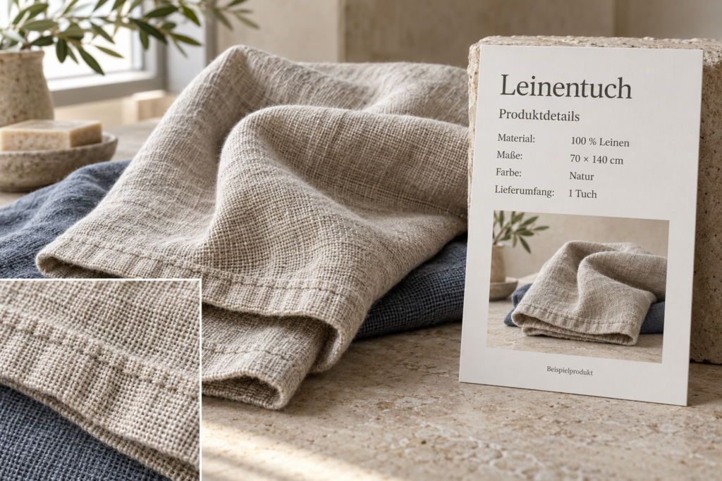 Naturfarbenes Leinentuch mit Gewebedetail und vollständig gestalteter Produktkarte als fiktives Beispiel.