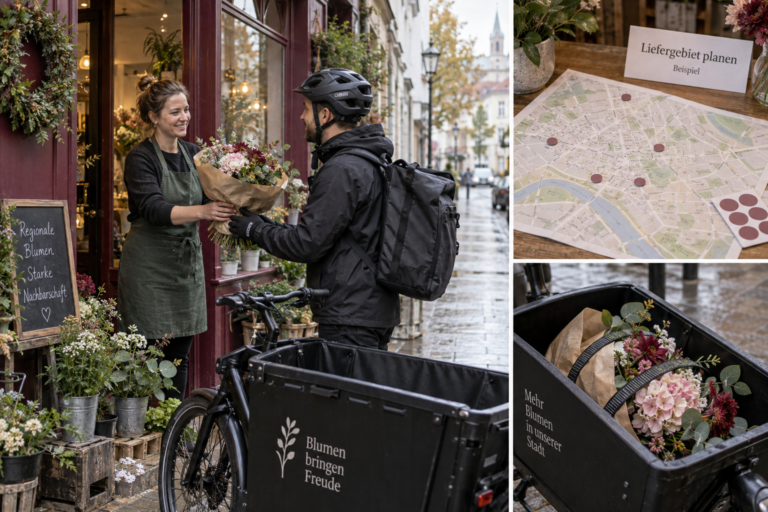 Fotorealistischer Collage-Entwurf mit Blumenladen, Fahrradkurier und einer beispielhaften Karte des Liefergebiets.