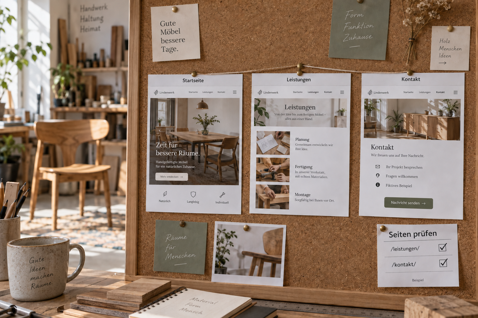 Pinnwand mit Website-Seiten eines fiktiven Möbelstudios und einer Sitemap-Prüfliste.