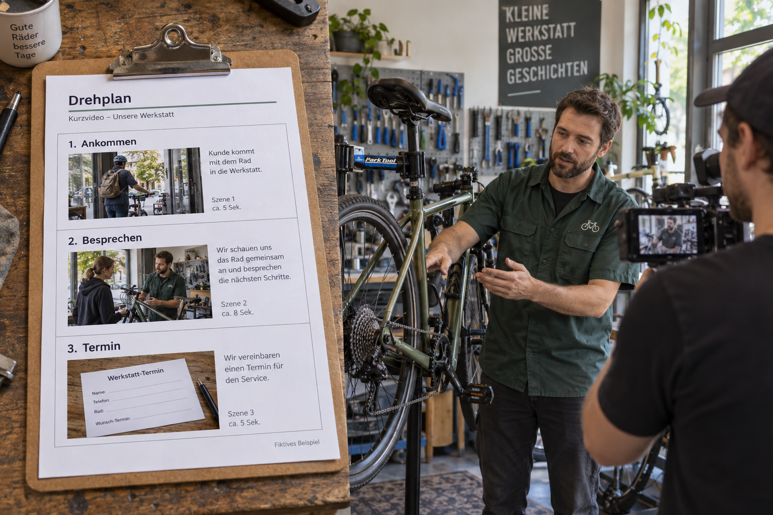 Fotocollage aus einem dreiteiligen Drehplan und einer Videoaufnahme in einer Fahrradwerkstatt.