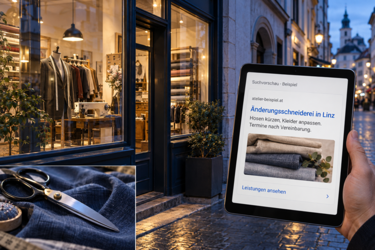 Fotocollage eines Ateliers mit Tablet und beispielhafter Suchvorschau für eine Änderungsschneiderei in Linz.