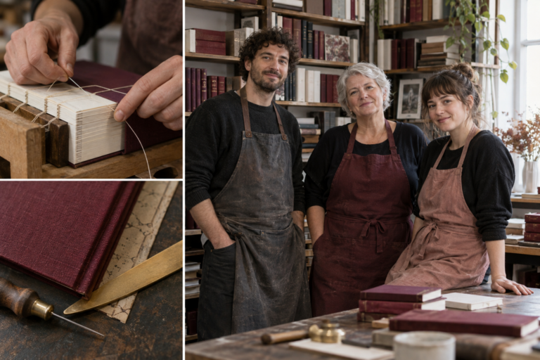 Fotocollage eines fiktiven Buchbinderei-Teams mit drei Personen, einer Buchbindung und Werkzeugen auf dem Arbeitstisch.