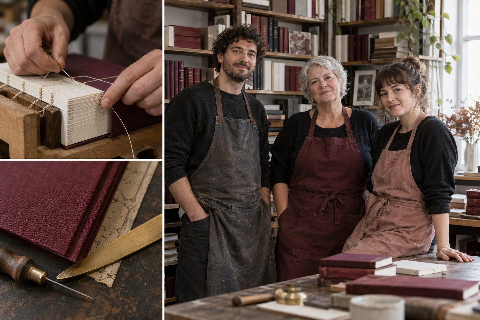 Fotocollage eines fiktiven Buchbinderei-Teams mit drei Personen, einer Buchbindung und Werkzeugen auf dem Arbeitstisch.
