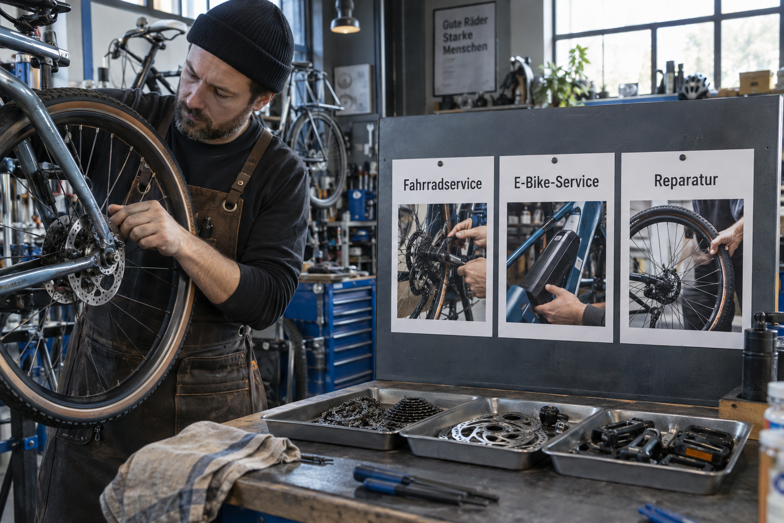 Fotocollage einer Fahrradwerkstatt mit drei ausgerichteten Servicekarten für Fahrradservice, E-Bike-Service und Reparatur.