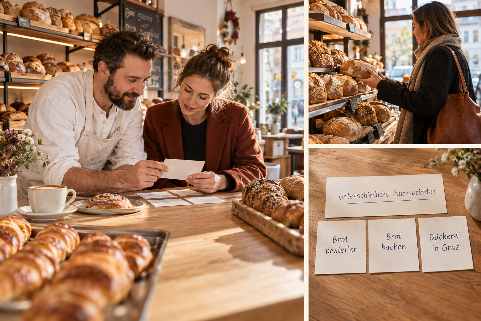 Fotocollage einer Bäckerei mit drei Karten zu Brot bestellen, Brot backen und Bäckerei in Graz.