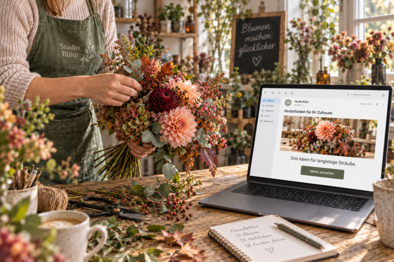 Floristin bindet einen Herbststrauß neben einem Laptop mit geöffnetem Blumen-Newsletter.