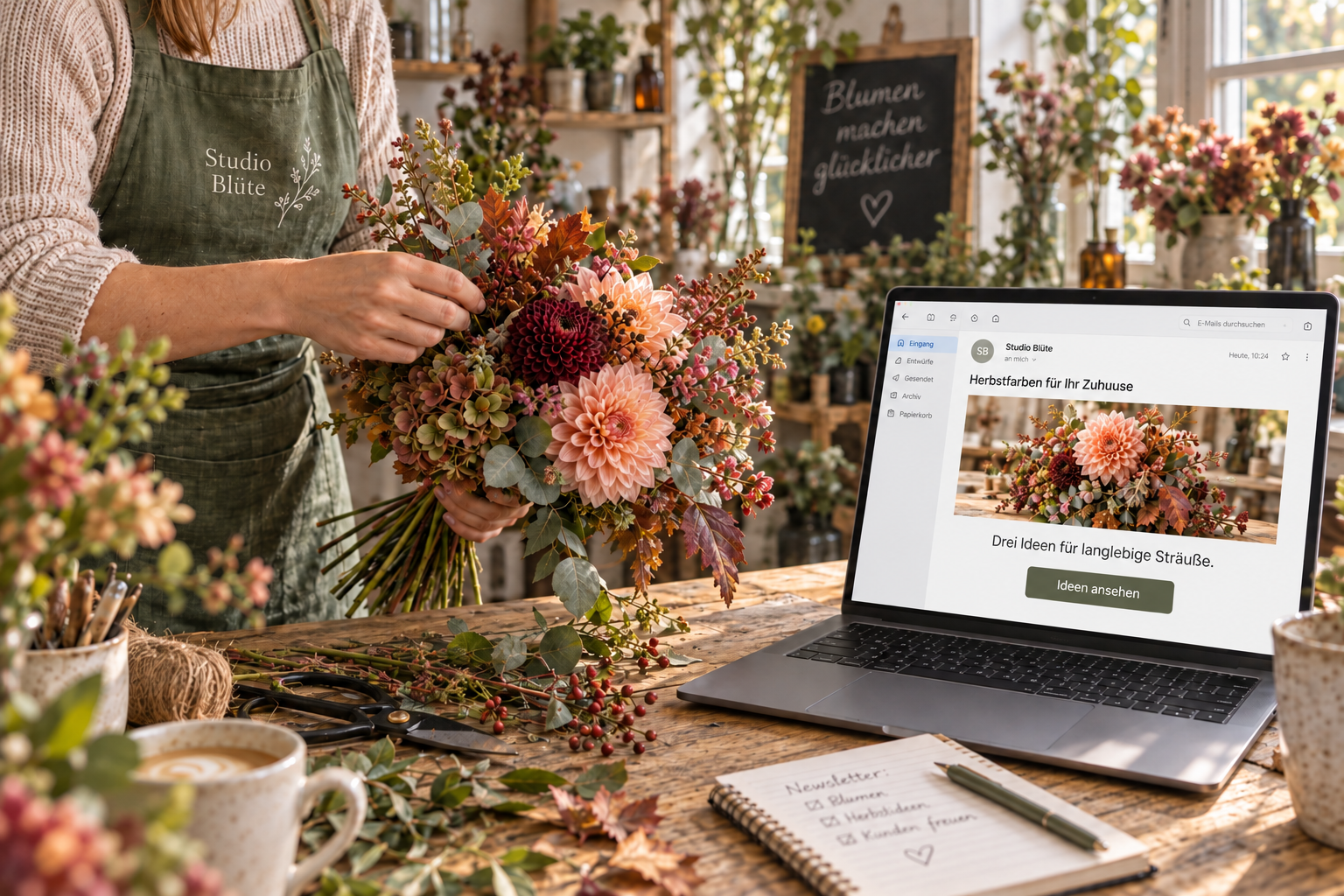 Floristin bindet einen Herbststrauß neben einem Laptop mit geöffnetem Blumen-Newsletter.