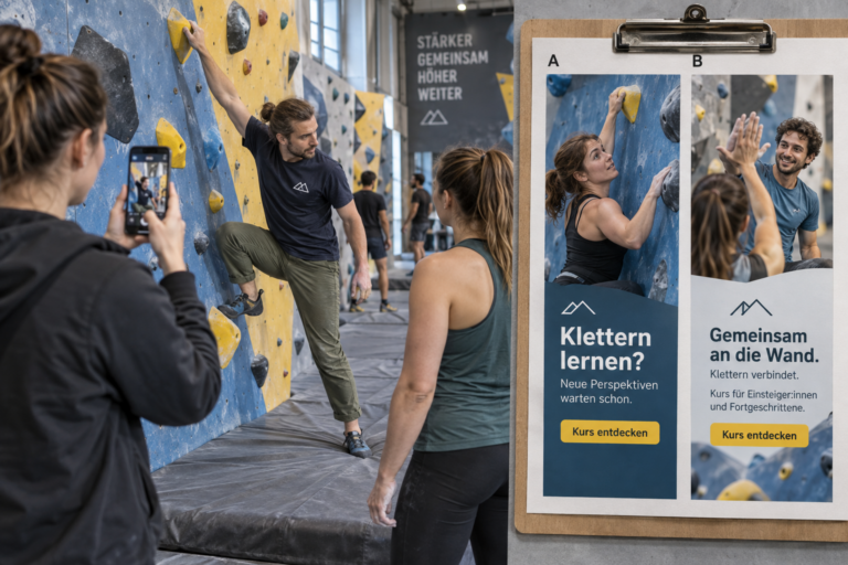 Mitarbeiter einer Kletterhalle filmen einen Einsteigerkurs für zwei vertikale Anzeigenideen.