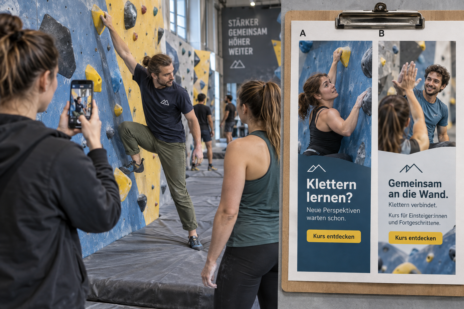 Mitarbeiter einer Kletterhalle filmen einen Einsteigerkurs für zwei vertikale Anzeigenideen.