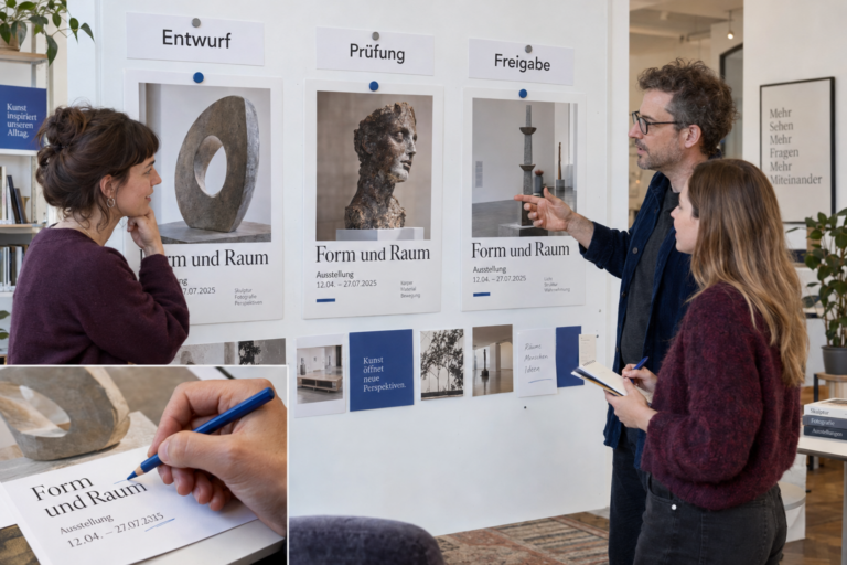 Team prüft gestaltete Ausstellungsplakate in den Phasen Entwurf, Prüfung und Freigabe