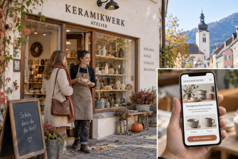 Keramikatelier mit Kundengespräch und Smartphone-Ansicht einer beispielhaften Unternehmenswebsite