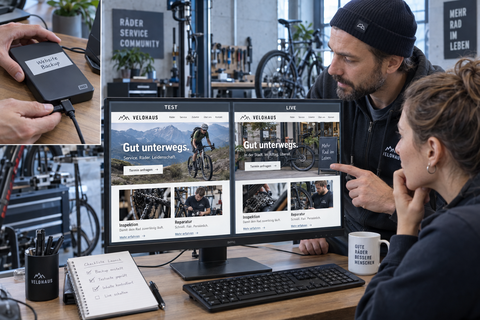 Test- und Liveansicht einer Fahrradwerkstatt-Website auf einem Monitor mit Backup-Laufwerk im Detail