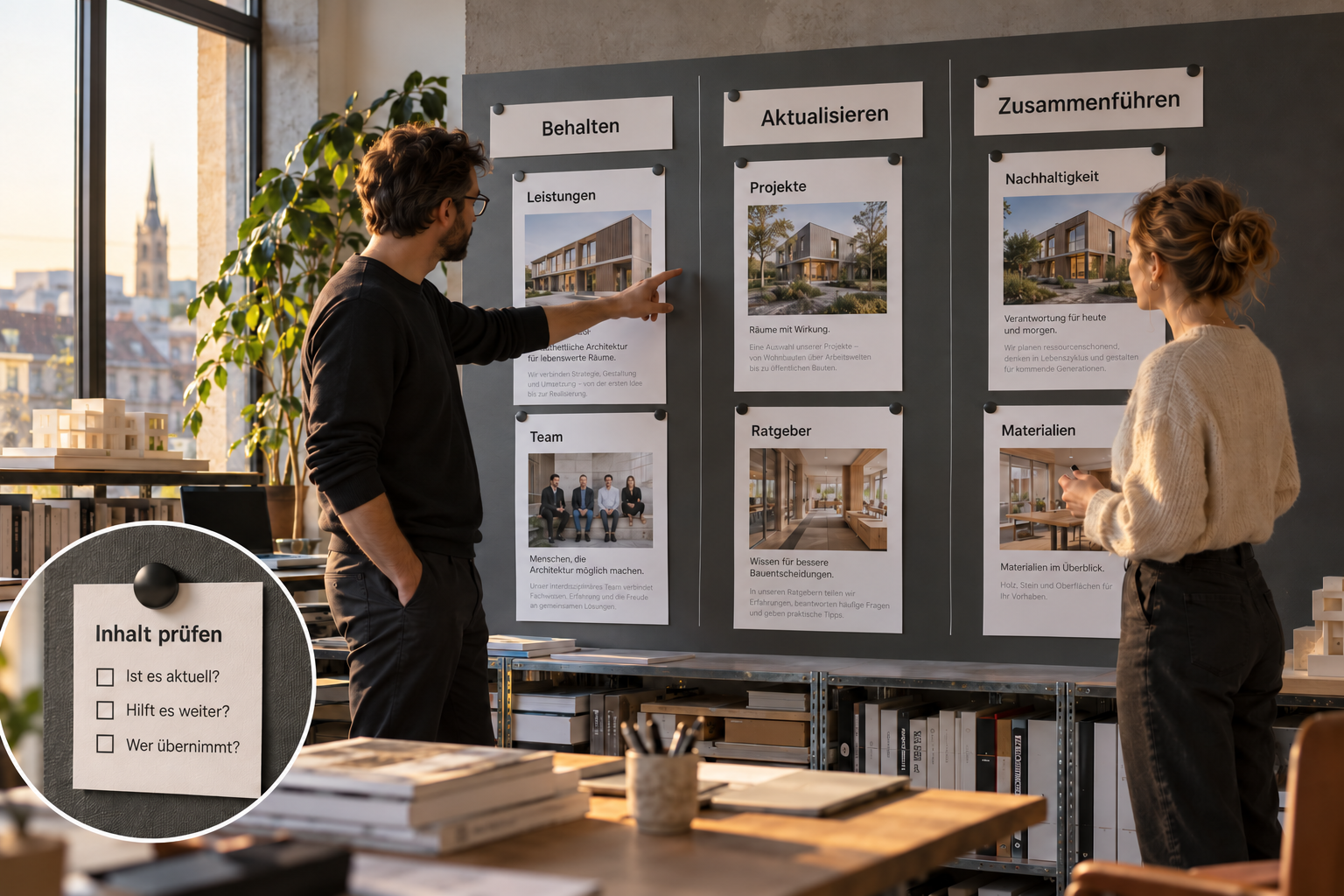 Team ordnet vorhandene Website-Inhalte an einer Tafel nach Behalten, Aktualisieren und Zusammenführen
