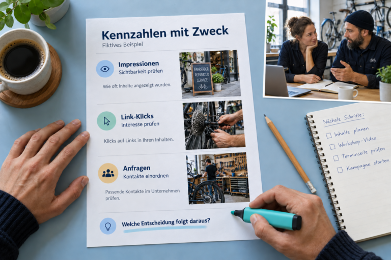 Beispielbericht verbindet Impressionen, Link-Klicks und Anfragen mit konkreten Prüffragen
