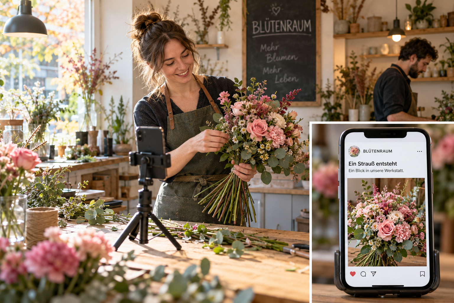 Floristin filmt die Arbeit an einem Blumenstrauß; daneben ein vollständig gestalteter Beispielbeitrag auf einem Smartphone