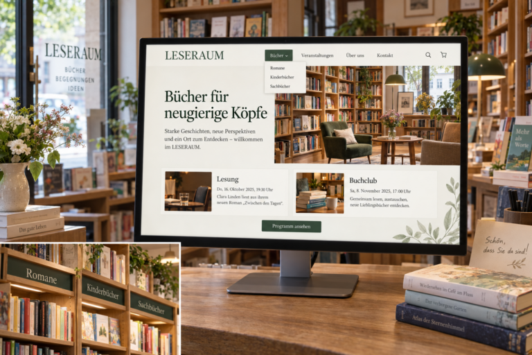 Vollständig gestaltete Website einer fiktiven Buchhandlung mit geöffnetem Bücher-Menü und passenden Regalschildern