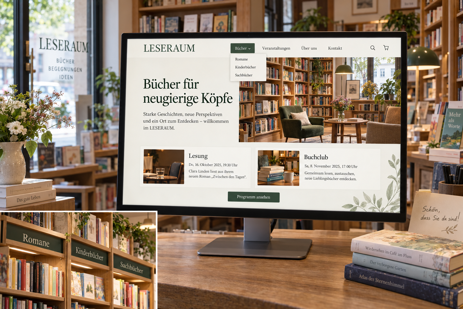 Vollständig gestaltete Website einer fiktiven Buchhandlung mit geöffnetem Bücher-Menü und passenden Regalschildern