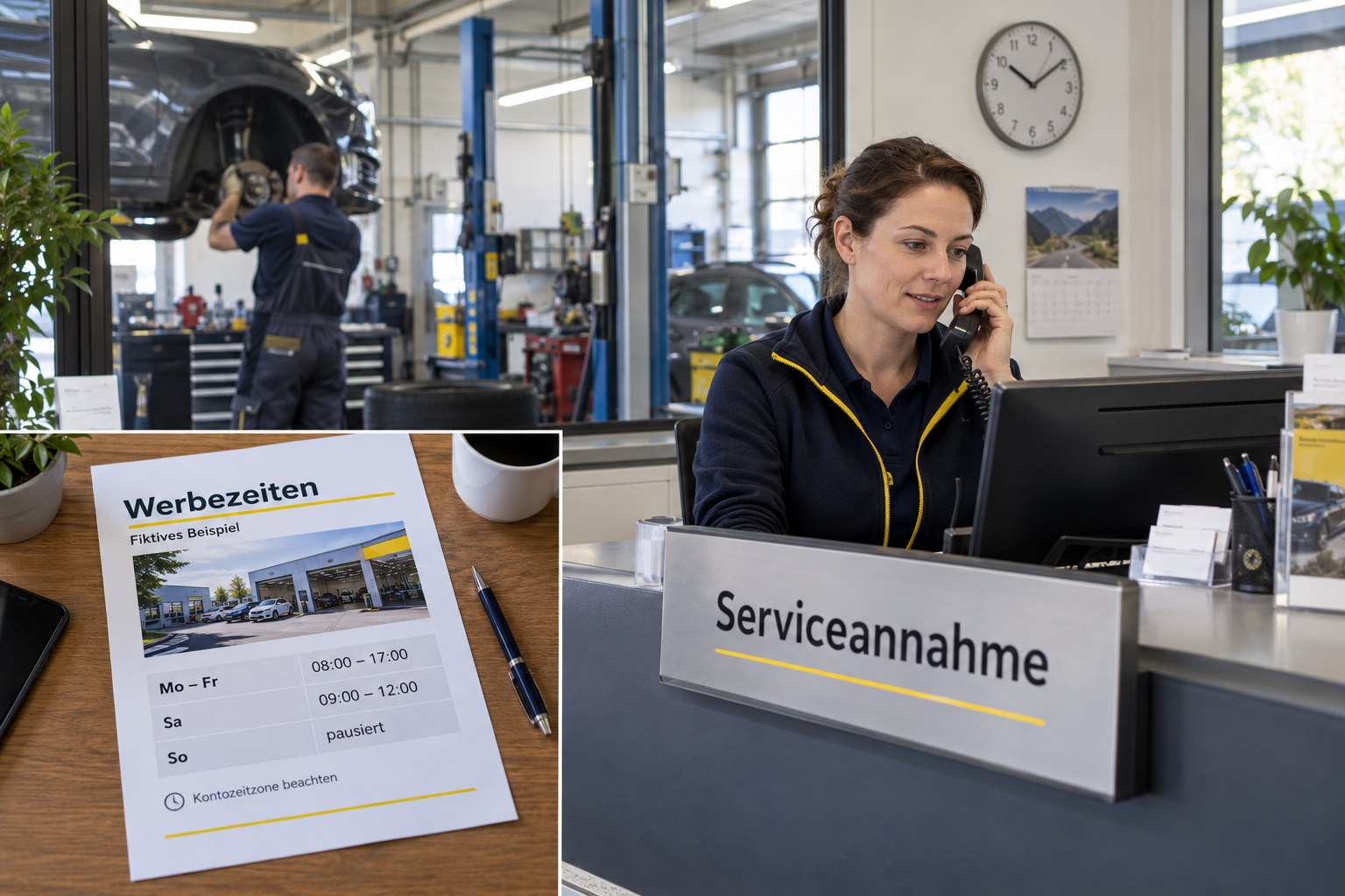 Serviceberaterin nimmt einen Anruf an; ein fiktiver Werbezeitenplan zeigt Erreichbarkeit und Hinweis zur Kontozeitzone