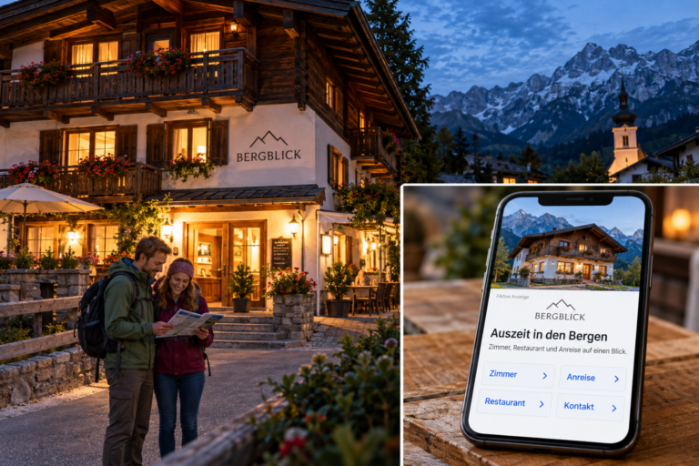 Fiktives Berggasthaus mit Smartphone-Anzeigenbeispiel und separaten Links zu Zimmern, Anreise, Restaurant und Kontakt