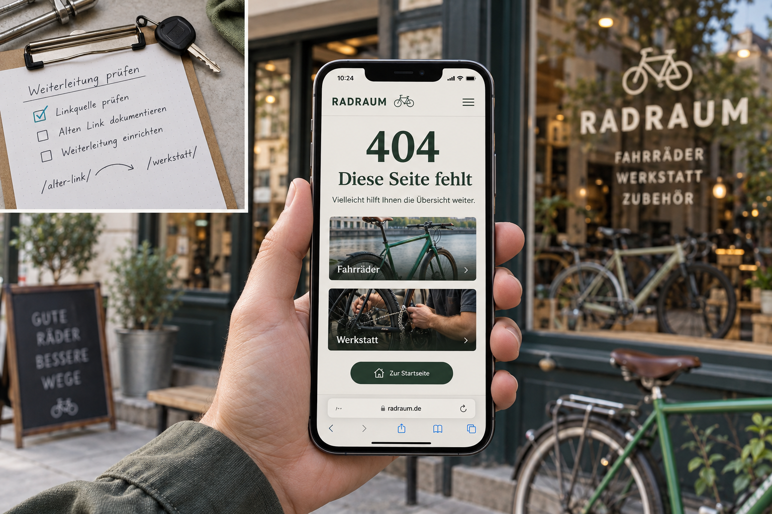 Smartphone mit hilfreicher 404-Seite eines fiktiven Fahrradgeschäfts und einer Prüfliste für fehlerhafte Links